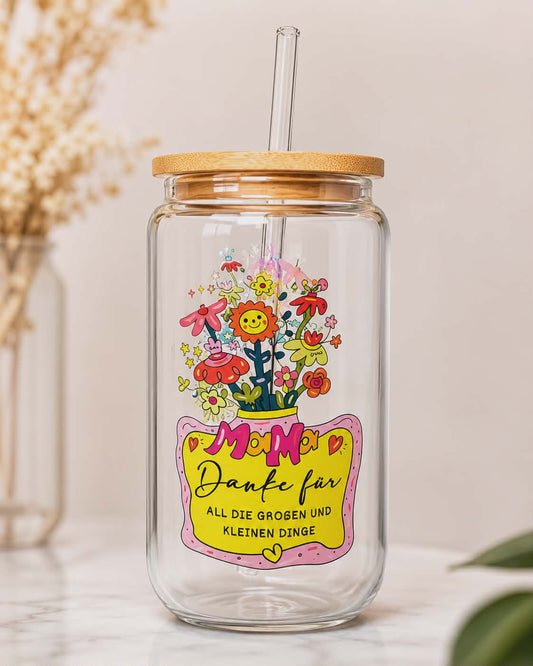 Gobelet en verre fleuri avec paille et couvercle bambou